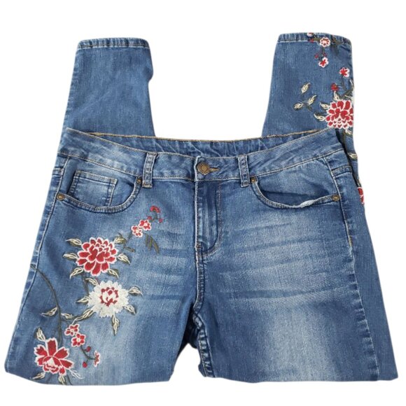 Sandpiper Jeans Womens Ankle High Rise Pocket Embroidered Floral Blue Stretch 10 - Picture 1 of 5